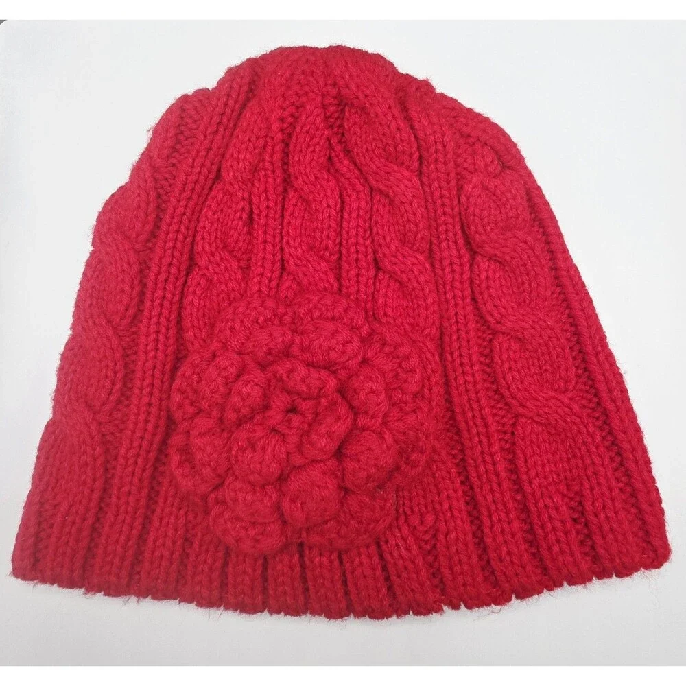 Girls Red Knit Beanie Hat with Flower Accent | Winter Warm Cap | One Size